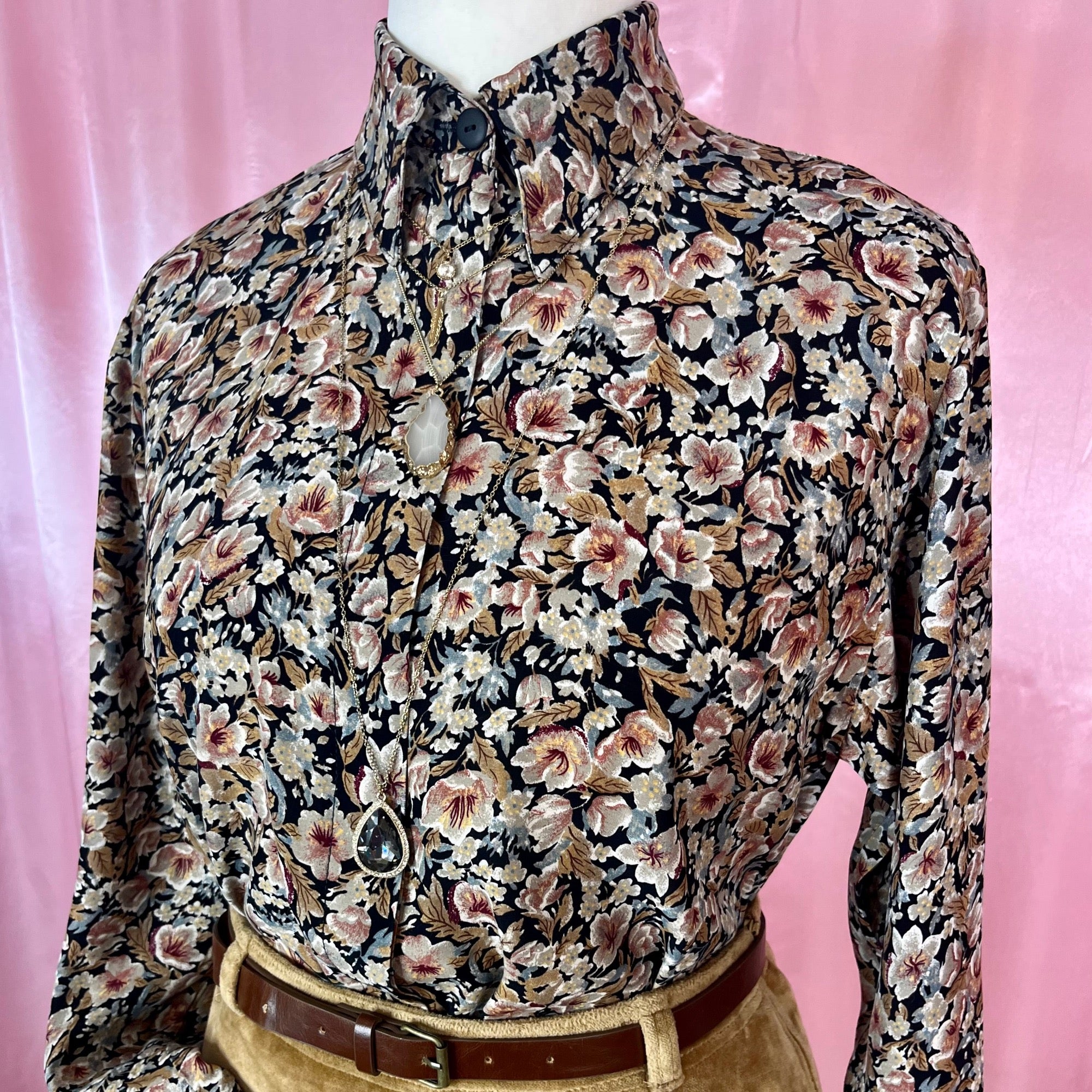 1980s Black & Brown floral blouse, by Mia, size 14