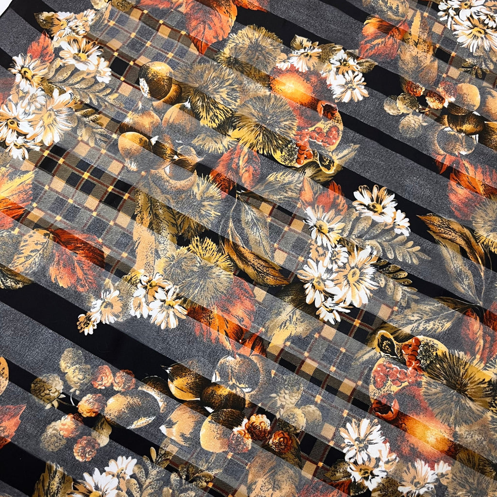 1980s Black floral & fruit print scarf, Small