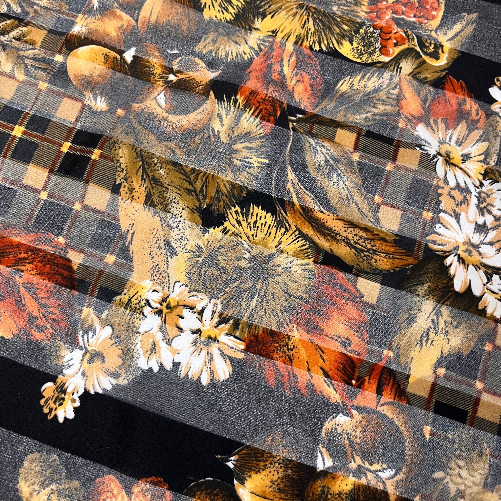 1980s Black floral & fruit print scarf, Small