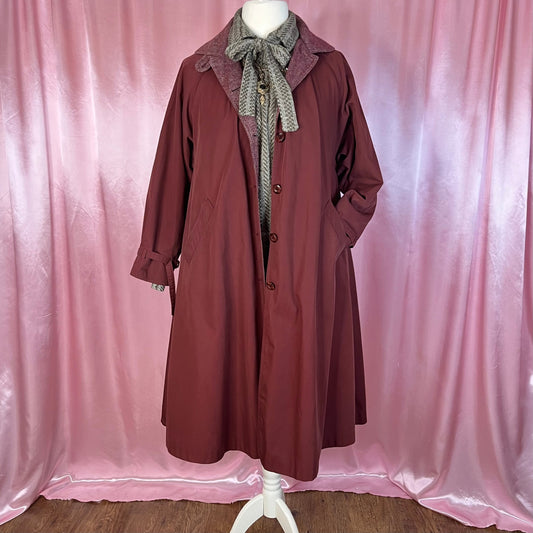 1970s Maroon swing trench coat, unbranded, size 16