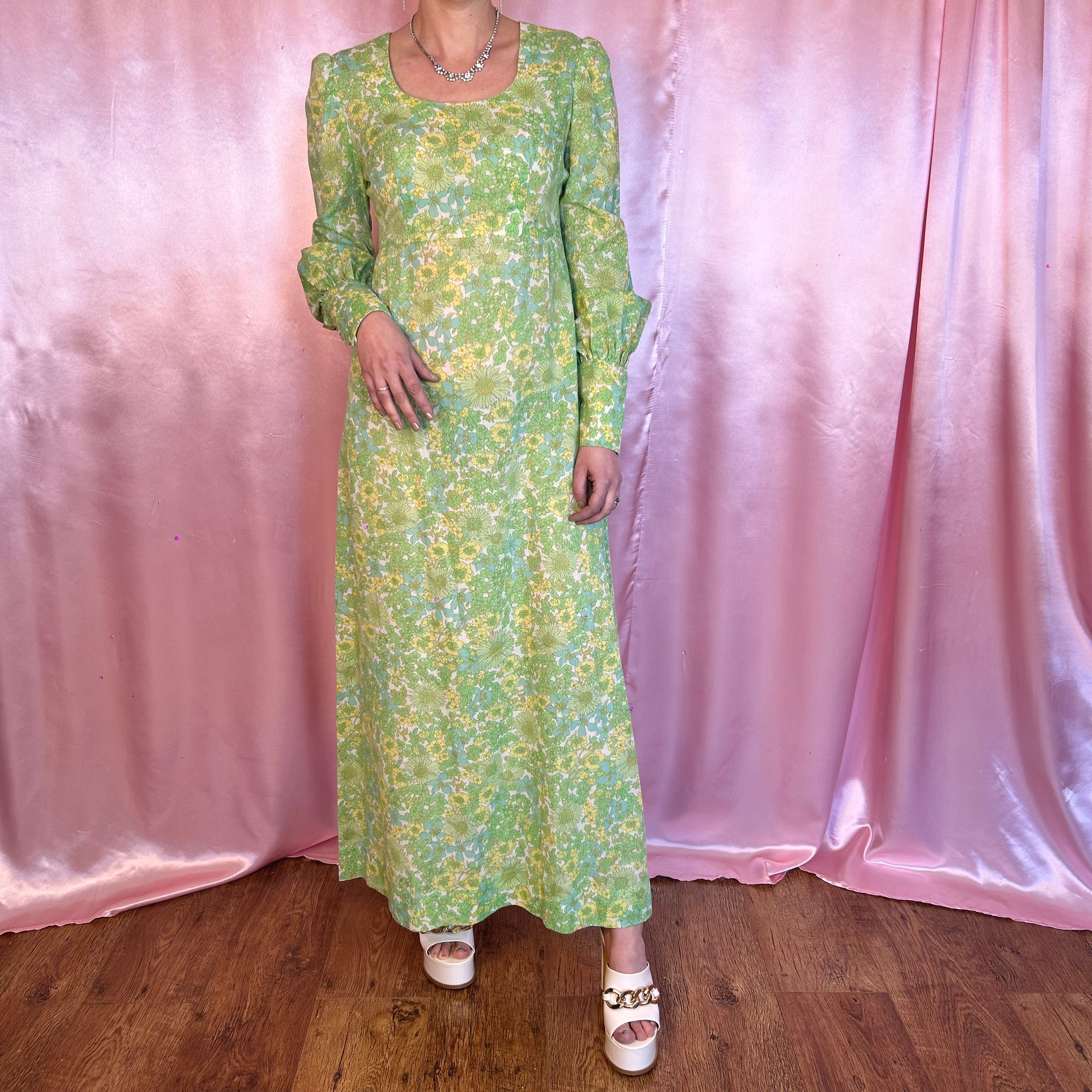 1970s Floral maxi dress, handmade, size 8
