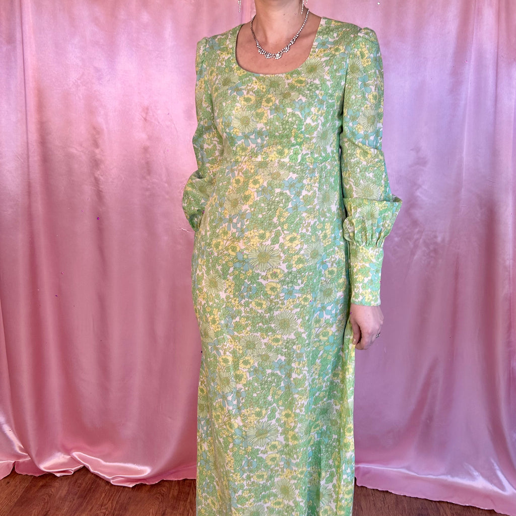 1970s Floral maxi dress, handmade, size 8