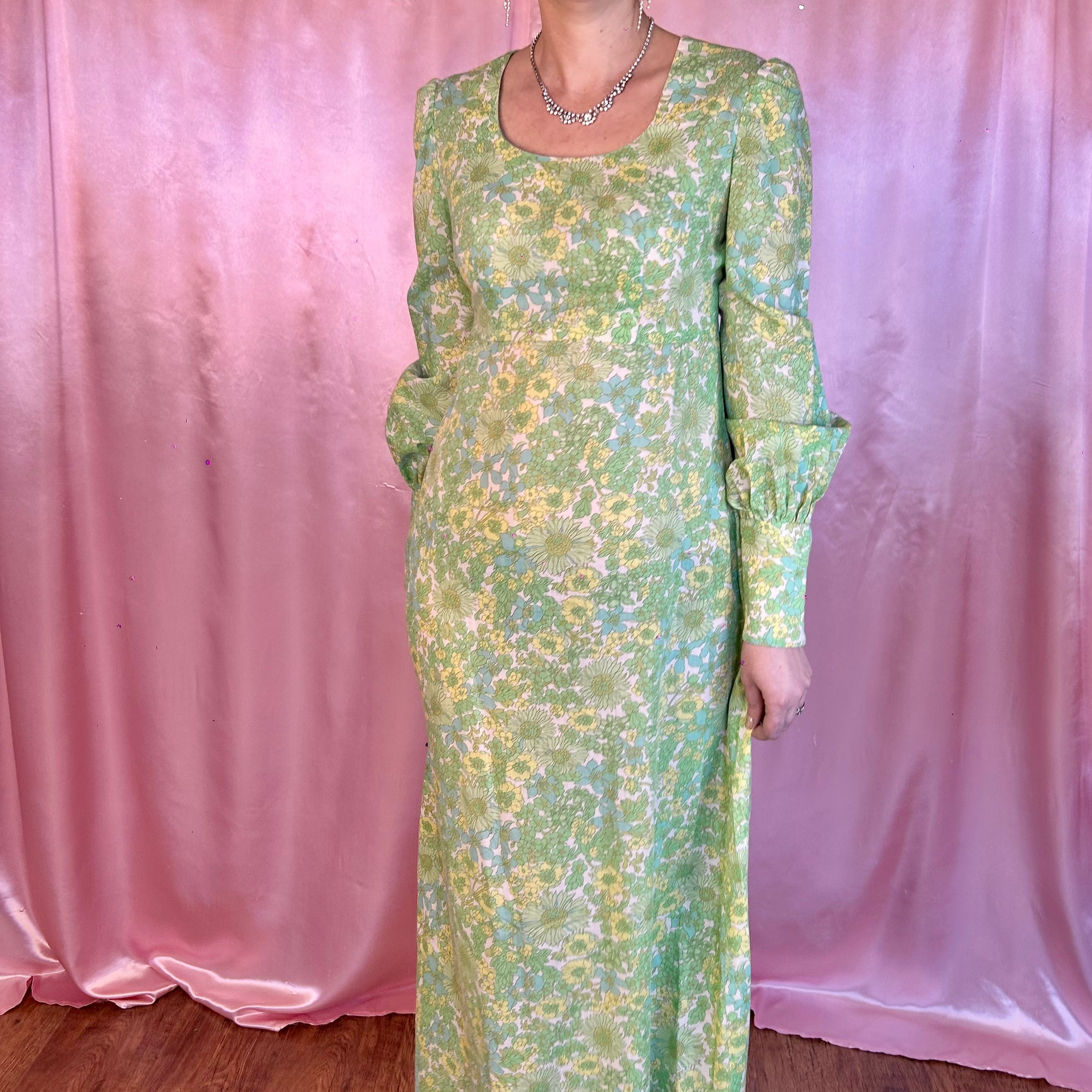 1970s Floral maxi dress, handmade, size 8