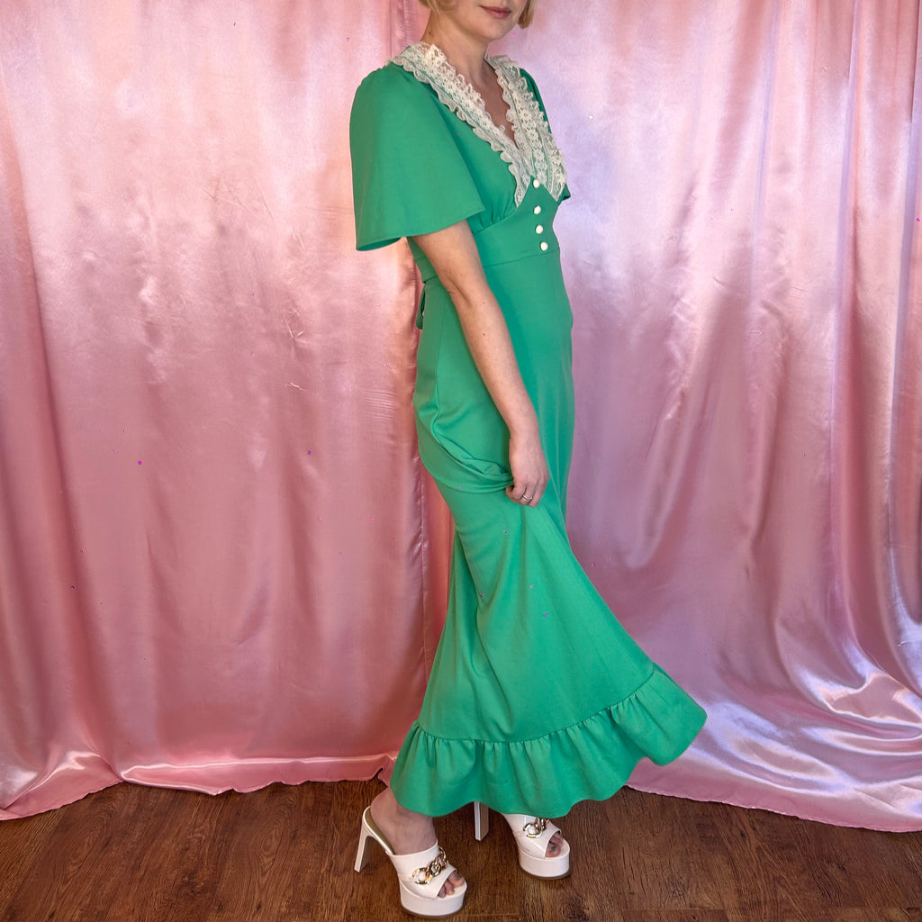 1970s Green maxi dress, by Debenhams, size 8