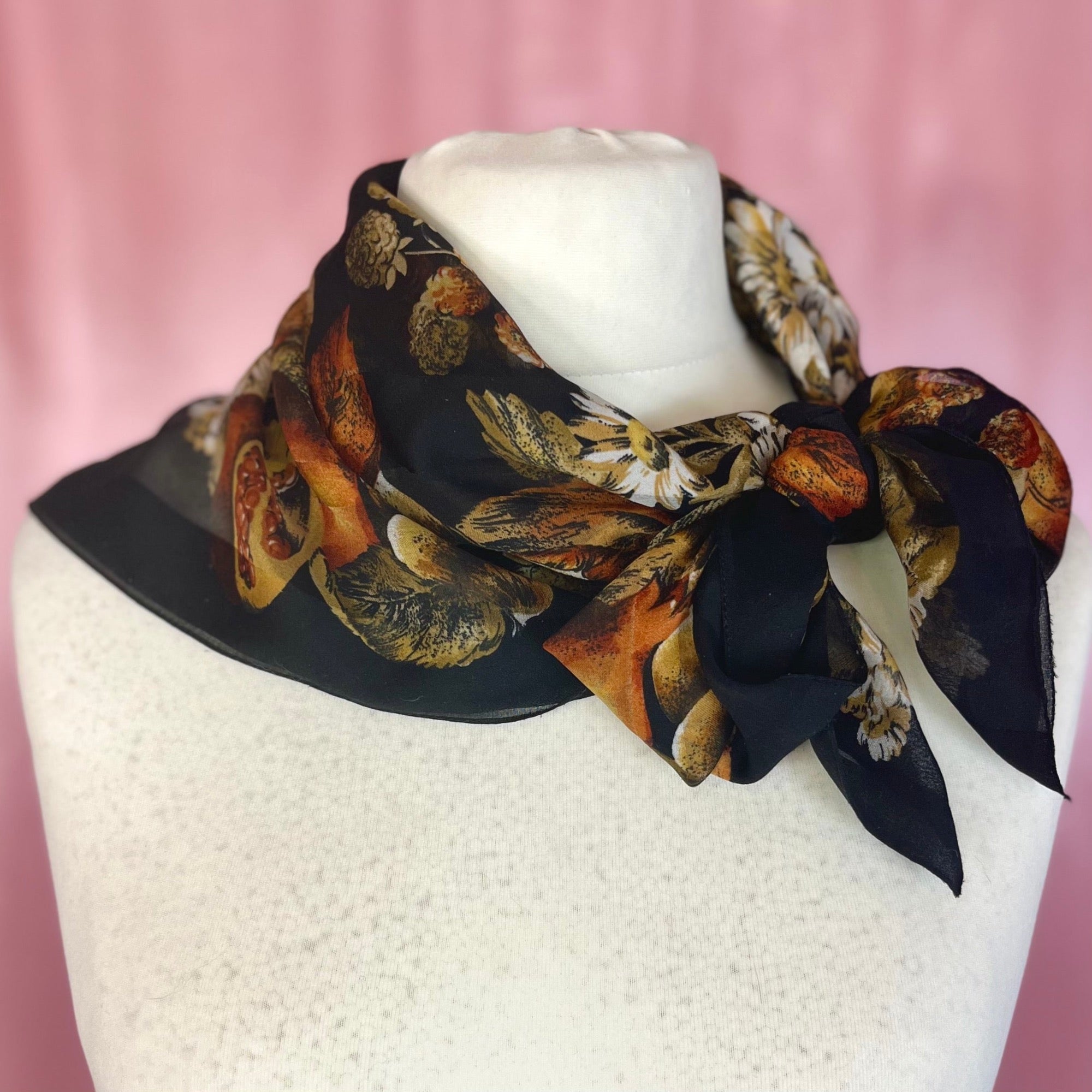 1980s Black floral & fruit print scarf, Small