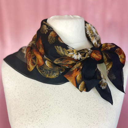 198s Black floral & fruit print scarf