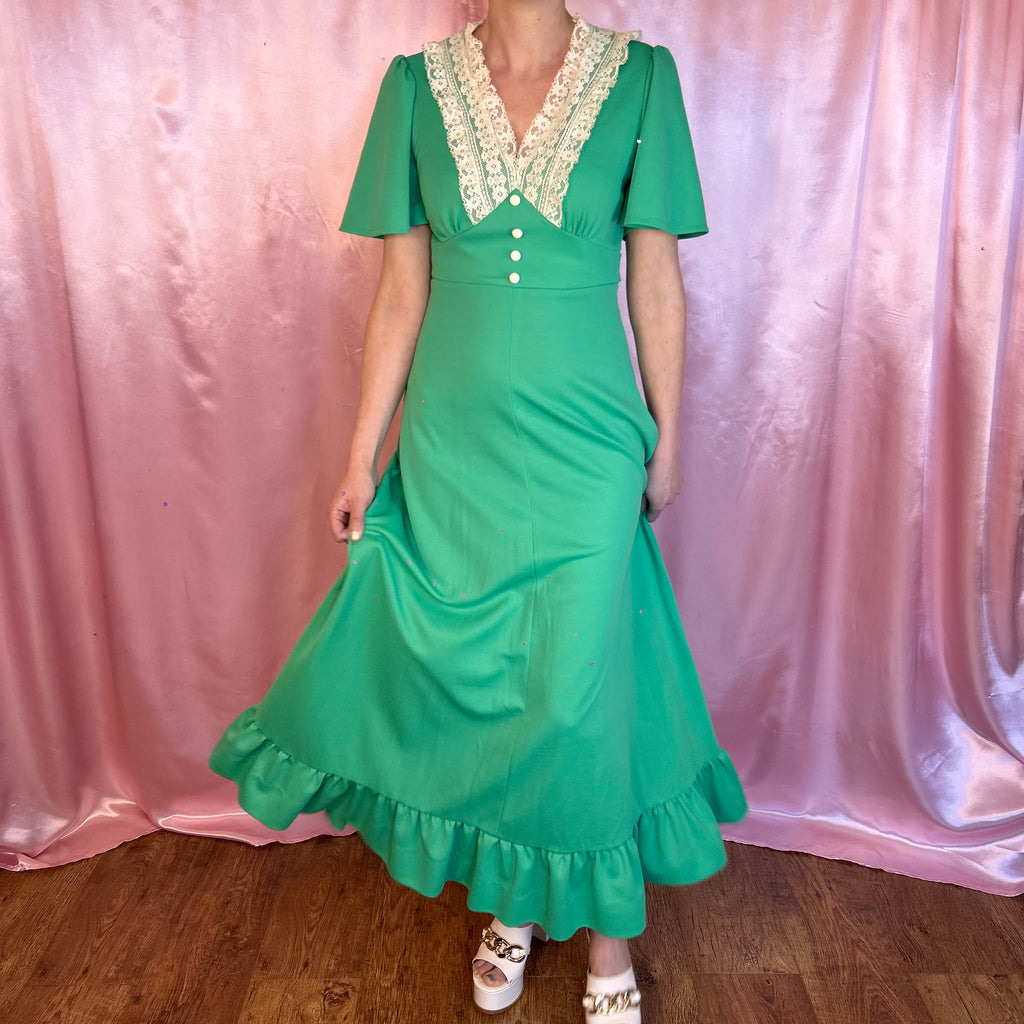 1970s Green maxi dress, by Debenhams, size 8
