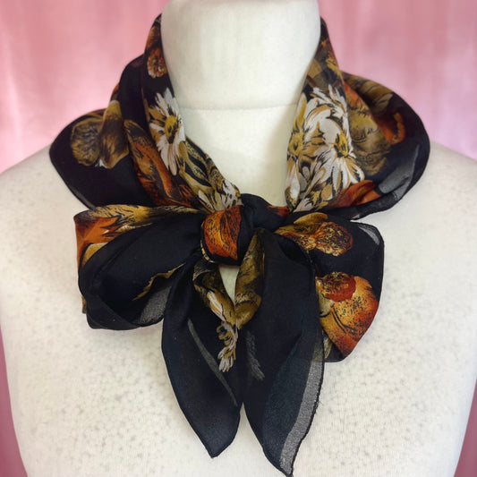 198s Black floral & fruit print scarf