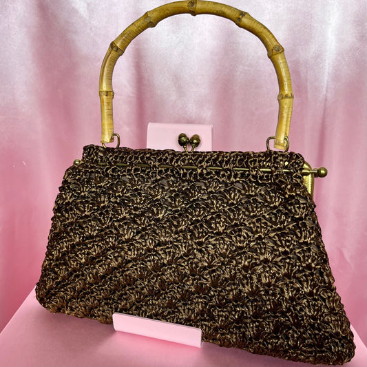 1950s Brown raffia crochet handbag