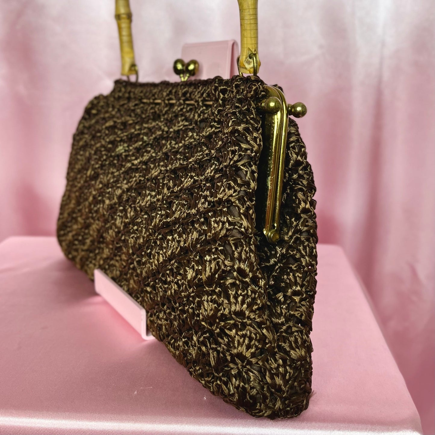 1950s Brown raffia crochet handbag