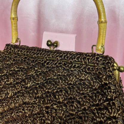 1950s Brown raffia crochet handbag