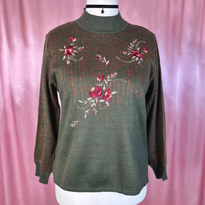 1980s Green embroidered jumper, unbranded, size 12