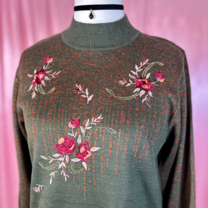 1980s Green embroidered jumper, unbranded, size 12