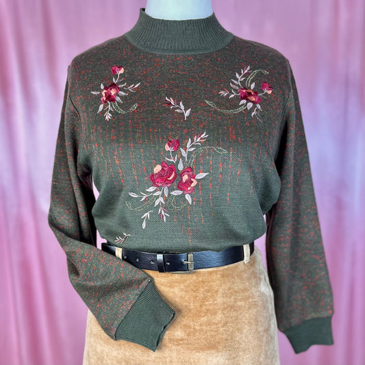 1980s Green embroidered jumper, unbranded, size 12