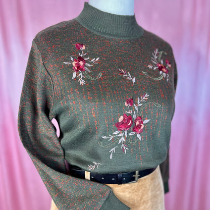 1980s Green embroidered jumper, unbranded, size 12