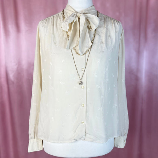 1980s Cream pussy bow blouse, unbranded, size 14