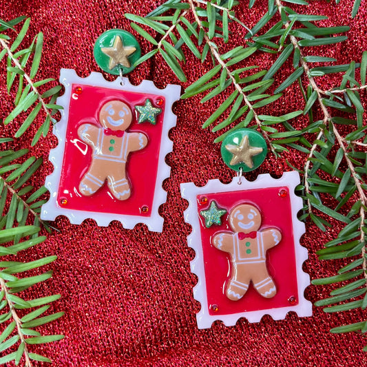 Handmade gingerbread postage stamp earrings