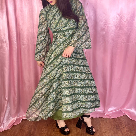 1970s Green patterned maxi dress, by Quad, size 12