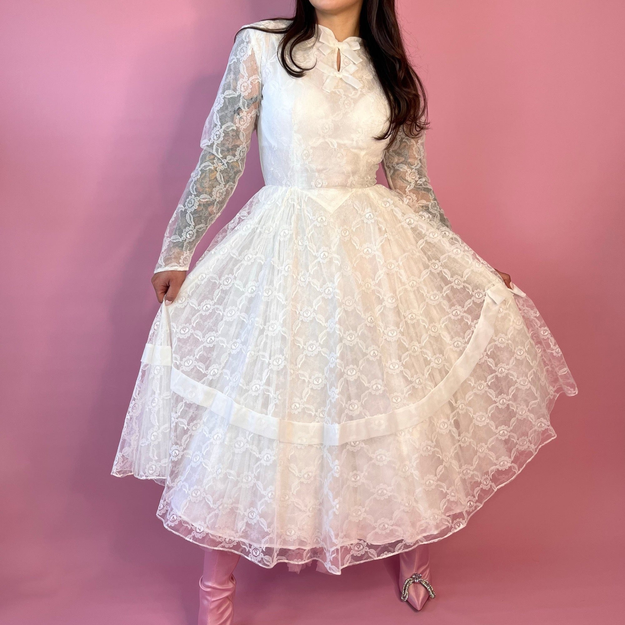 1950s White lace fit & flare dress, handmade, size 8