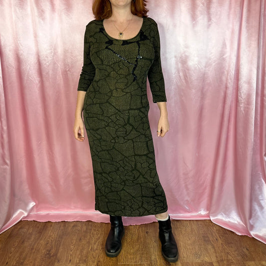 1990s slinky Khaki maxi dress, by Vera Finzzi, size 14