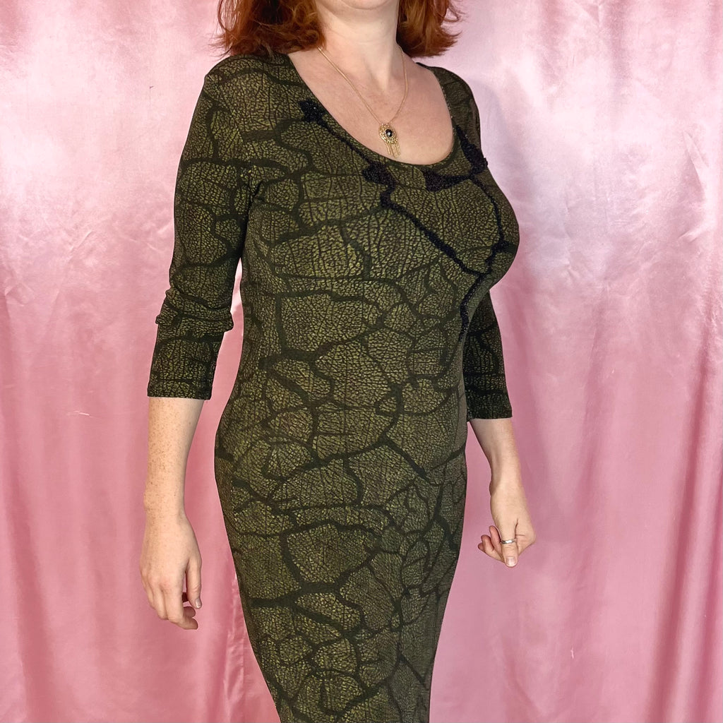 1990s Slinky Khaki maxi dress, by Vera Finzzi, size 14