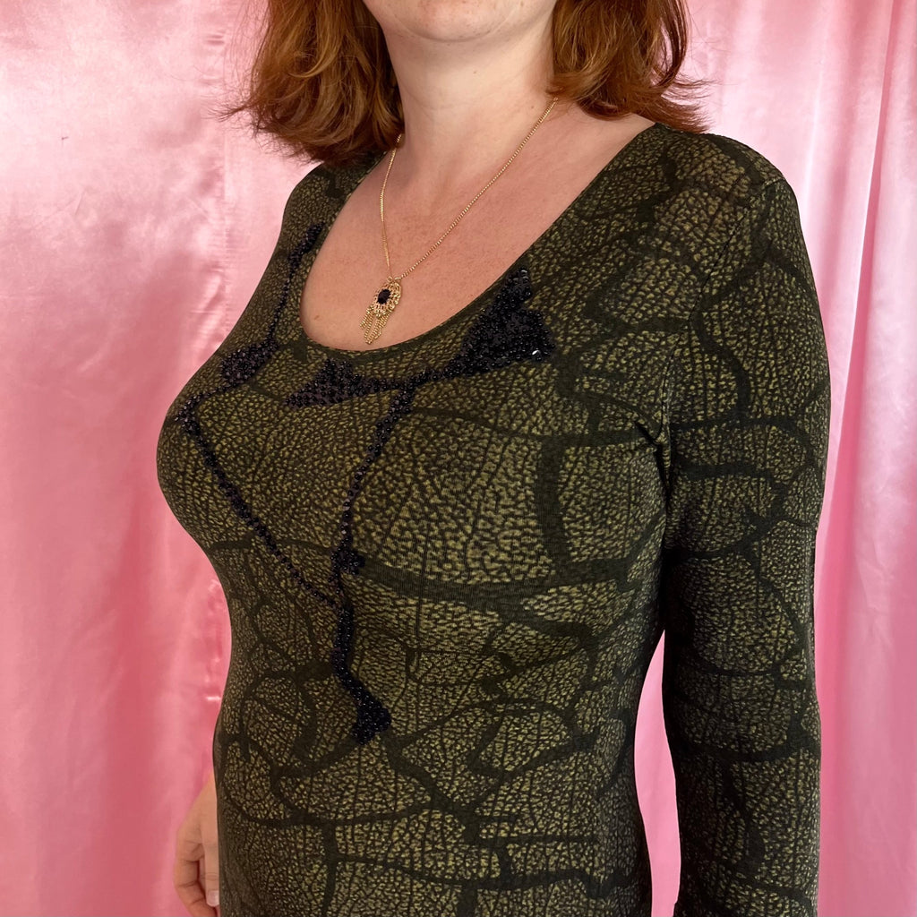 1990s slinky Khaki maxi dress, by Vera Finzzi, size 14