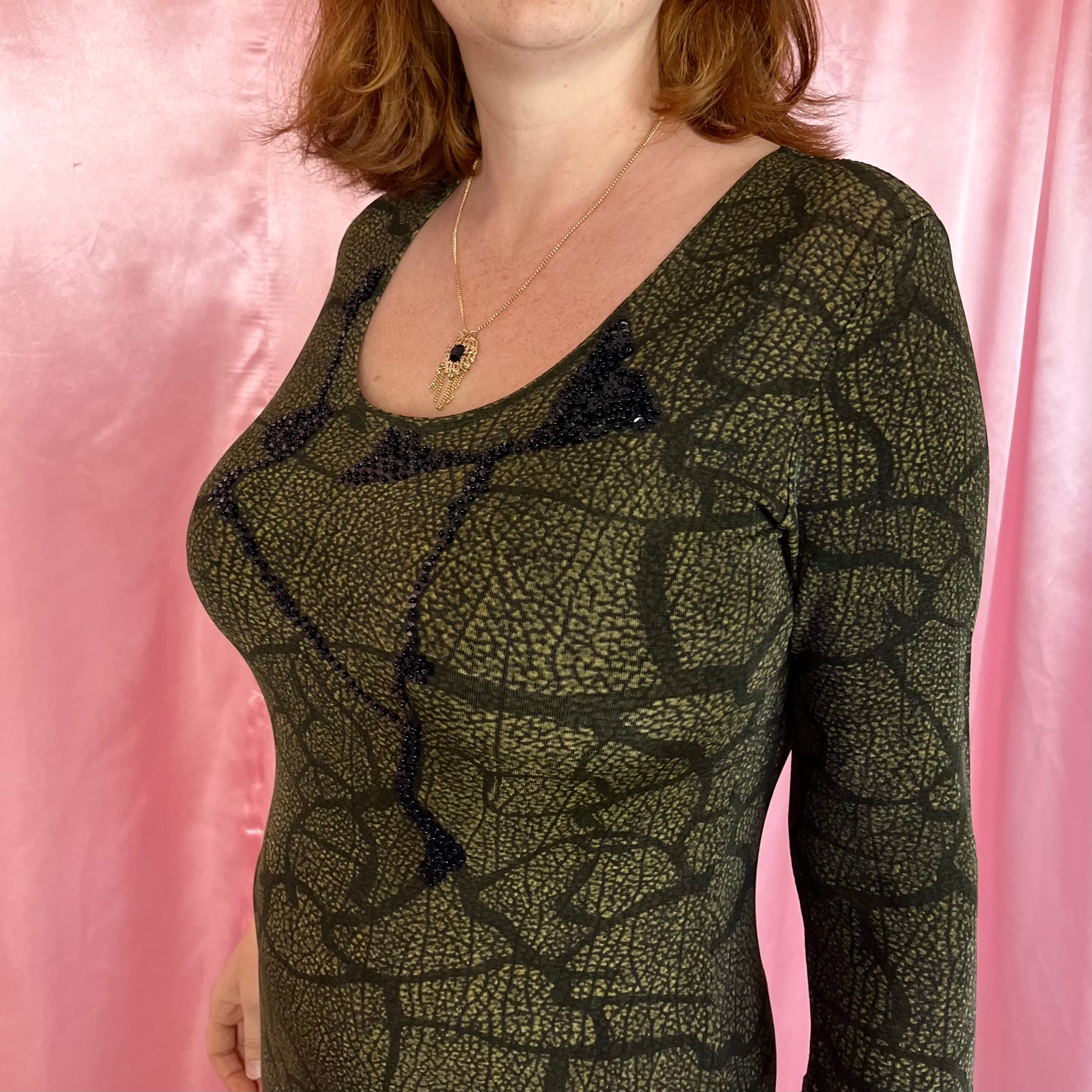 1990s Slinky Khaki maxi dress, by Vera Finzzi, size 14