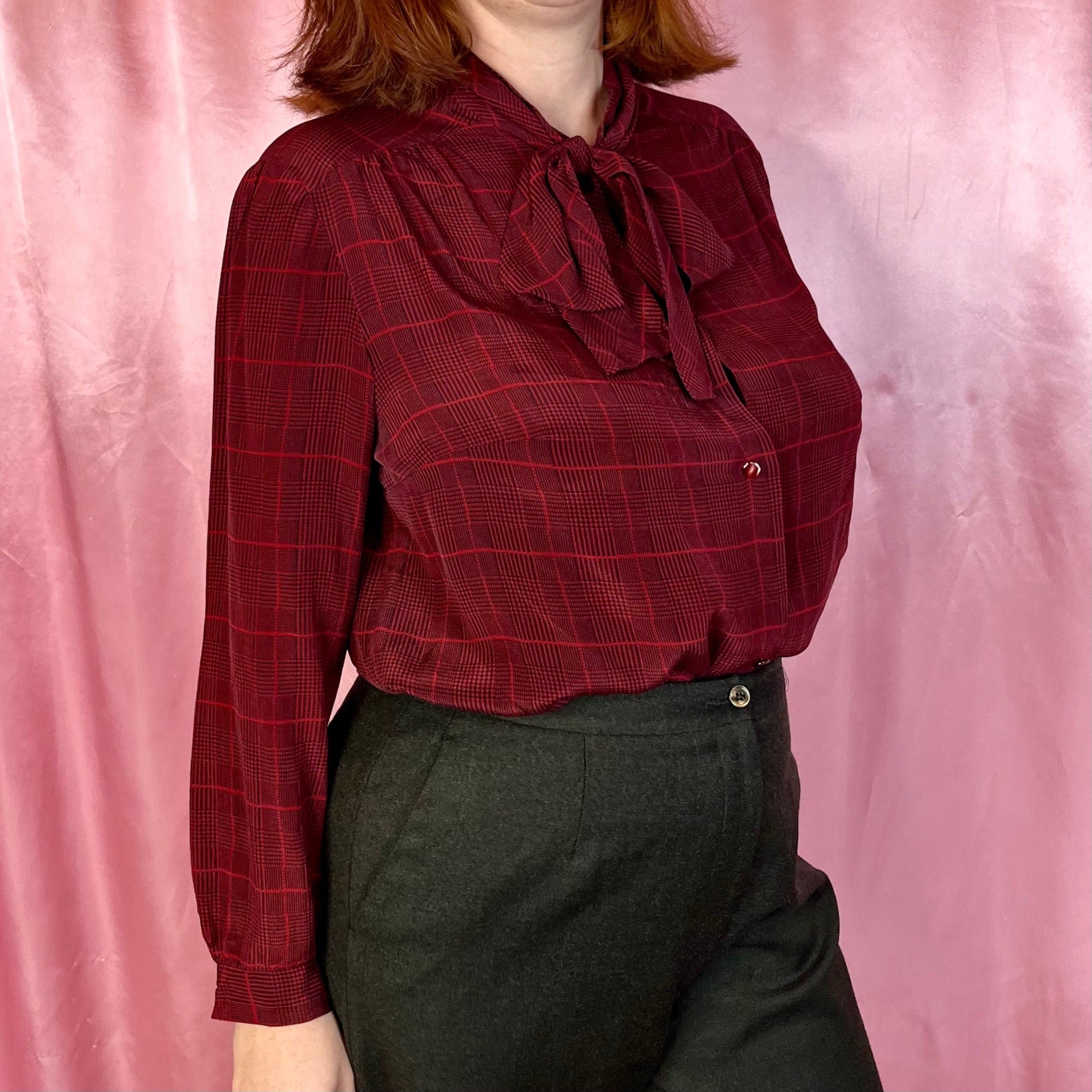 1980s Plaid pussy bow blouse, unbranded, size 16