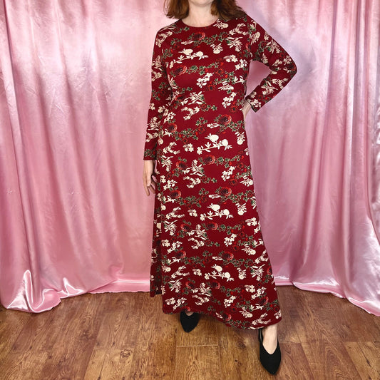1970s Red floral maxi dress, unbranded, size 14