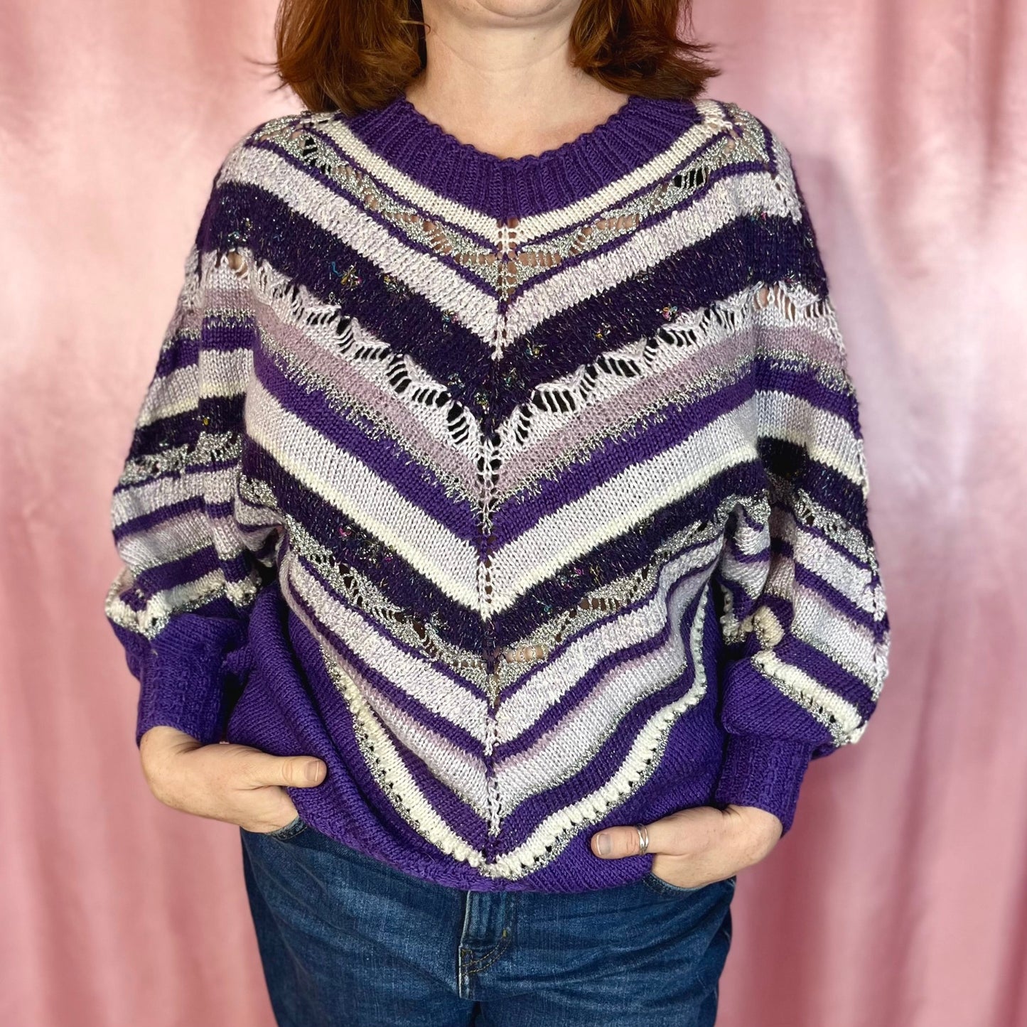 1980s Purple striped jumper, Handmade, size 14