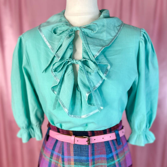 1980s Turquoise frilly blouse, unbranded, size 8