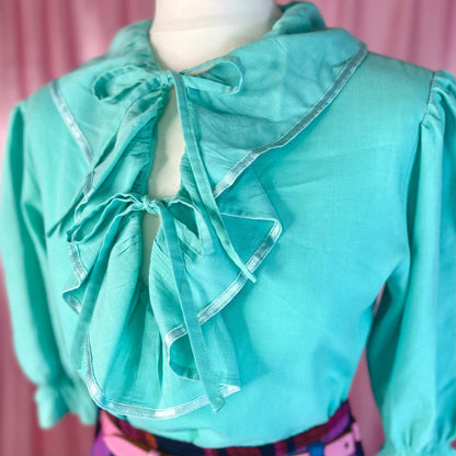 1980s Turquoise frilly blouse, unbranded, size 8