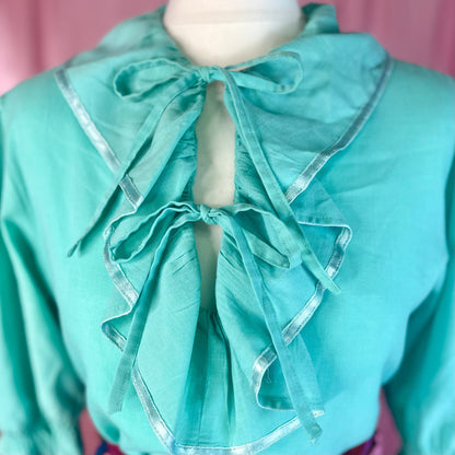 1980s Turquoise frilly blouse, unbranded, size 8