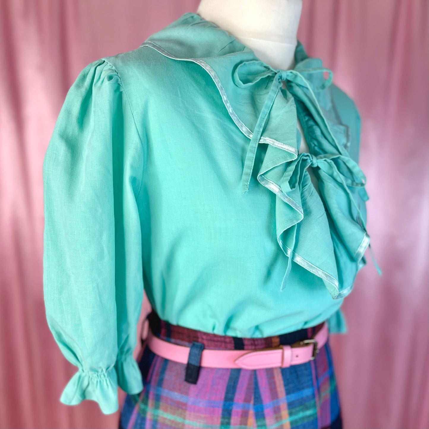 1980s Turquoise frilly blouse, unbranded, size 8