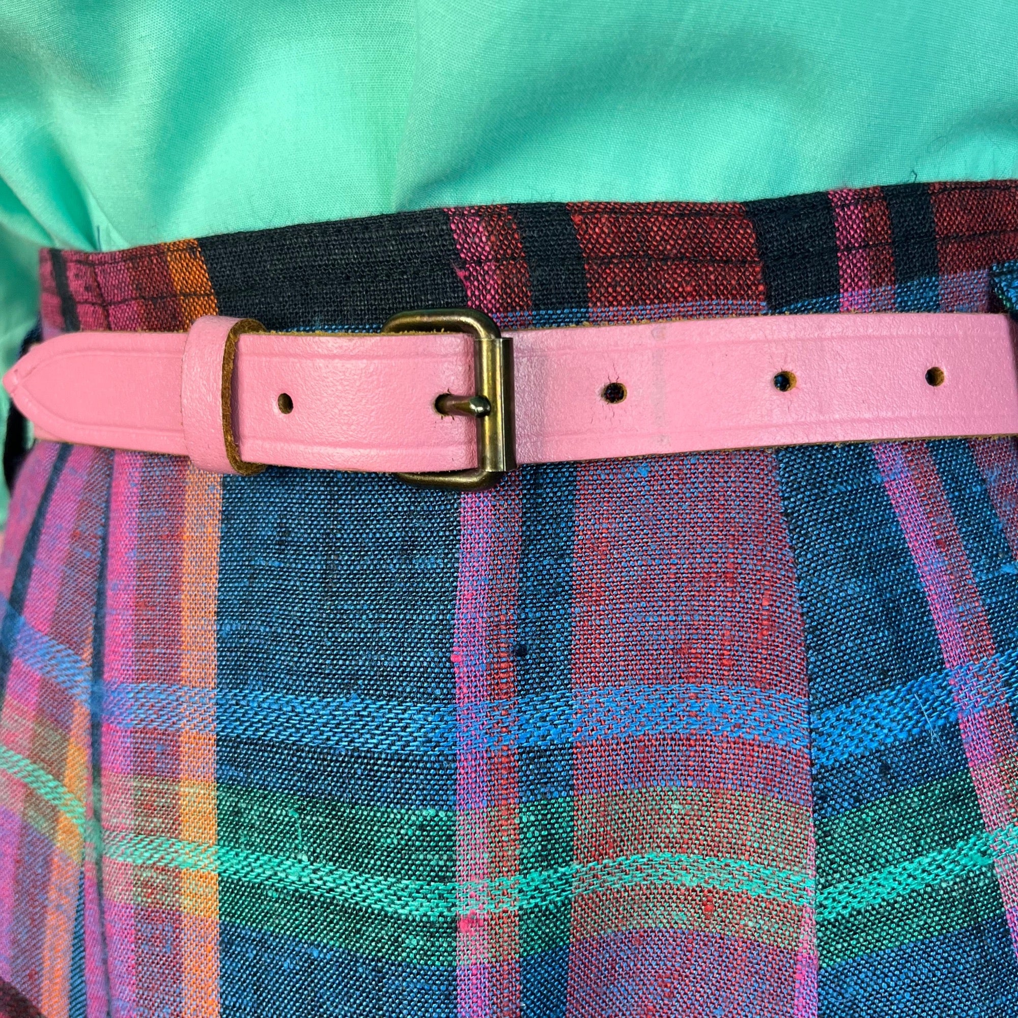1980s Pink leather skinny belt, size 8-12
