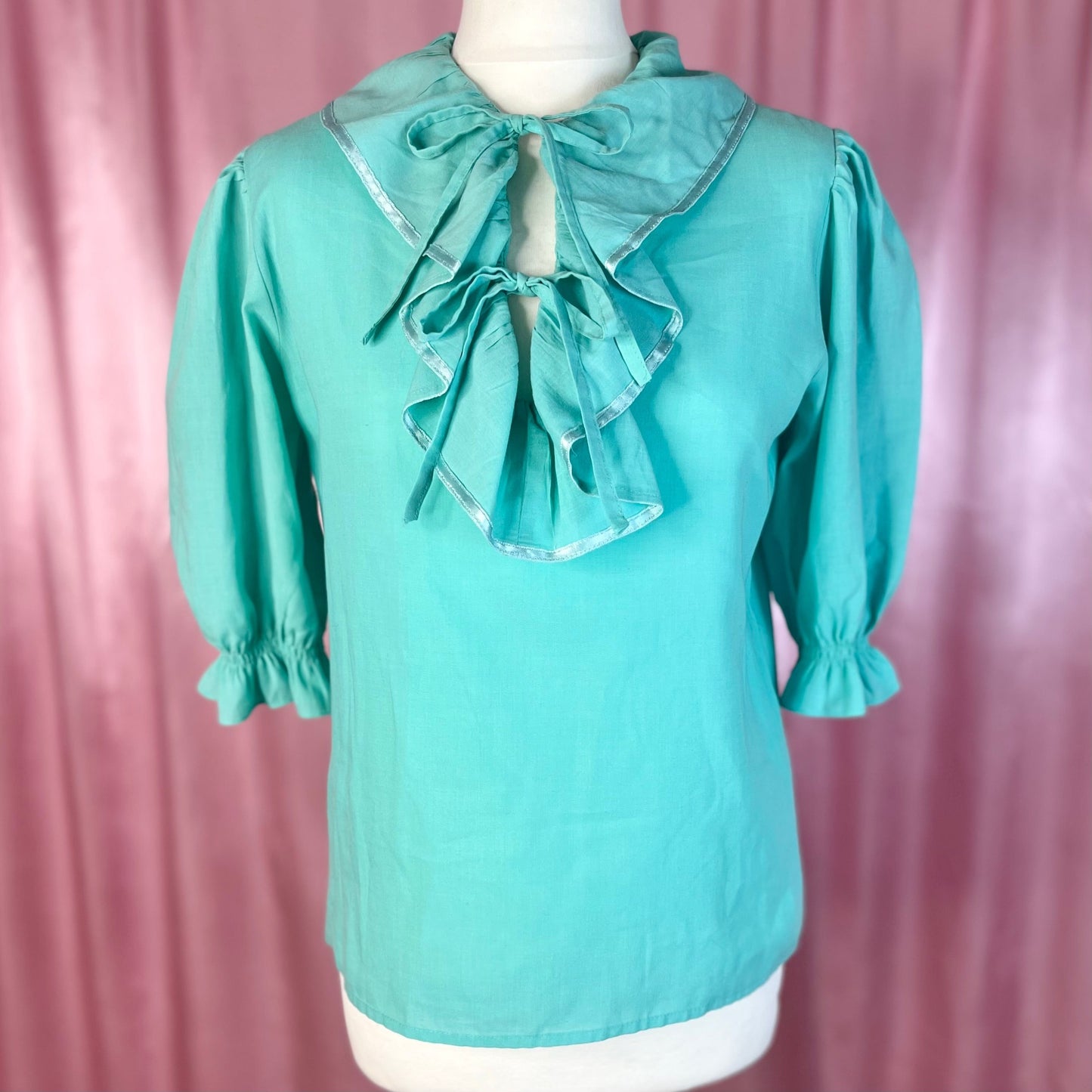 1980s Turquoise frilly blouse, unbranded, size 8