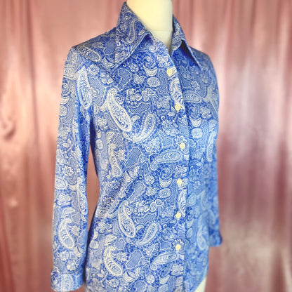 1970s Blue paisley blouse, unbranded, size 6