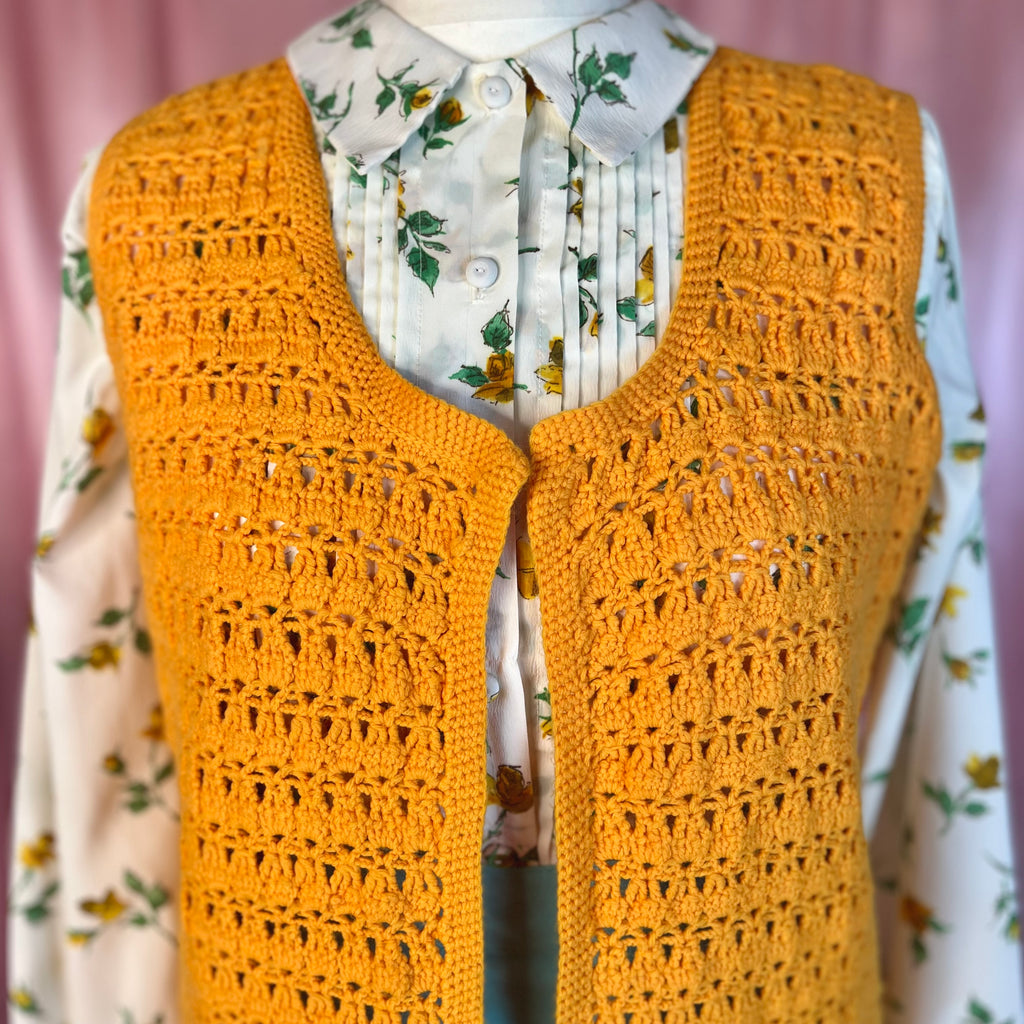 1970s Yellow crochet gilet, handmade, size 10