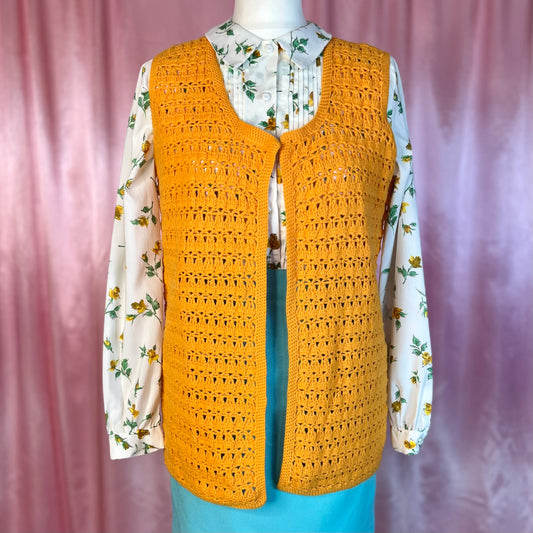 1970s Yellow crochet gilet, handmade, size 10