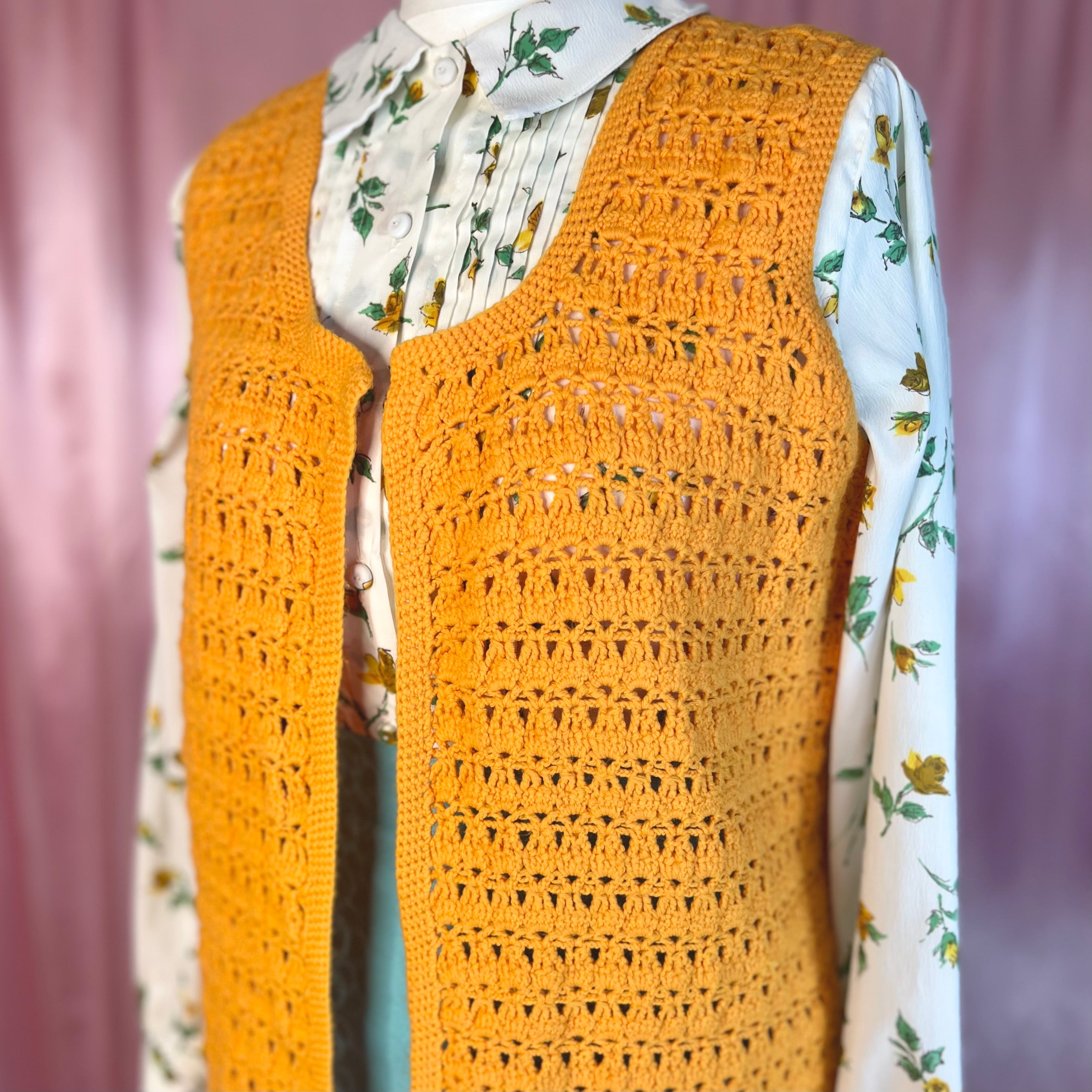 1970s Yellow crochet gilet, handmade, size 10
