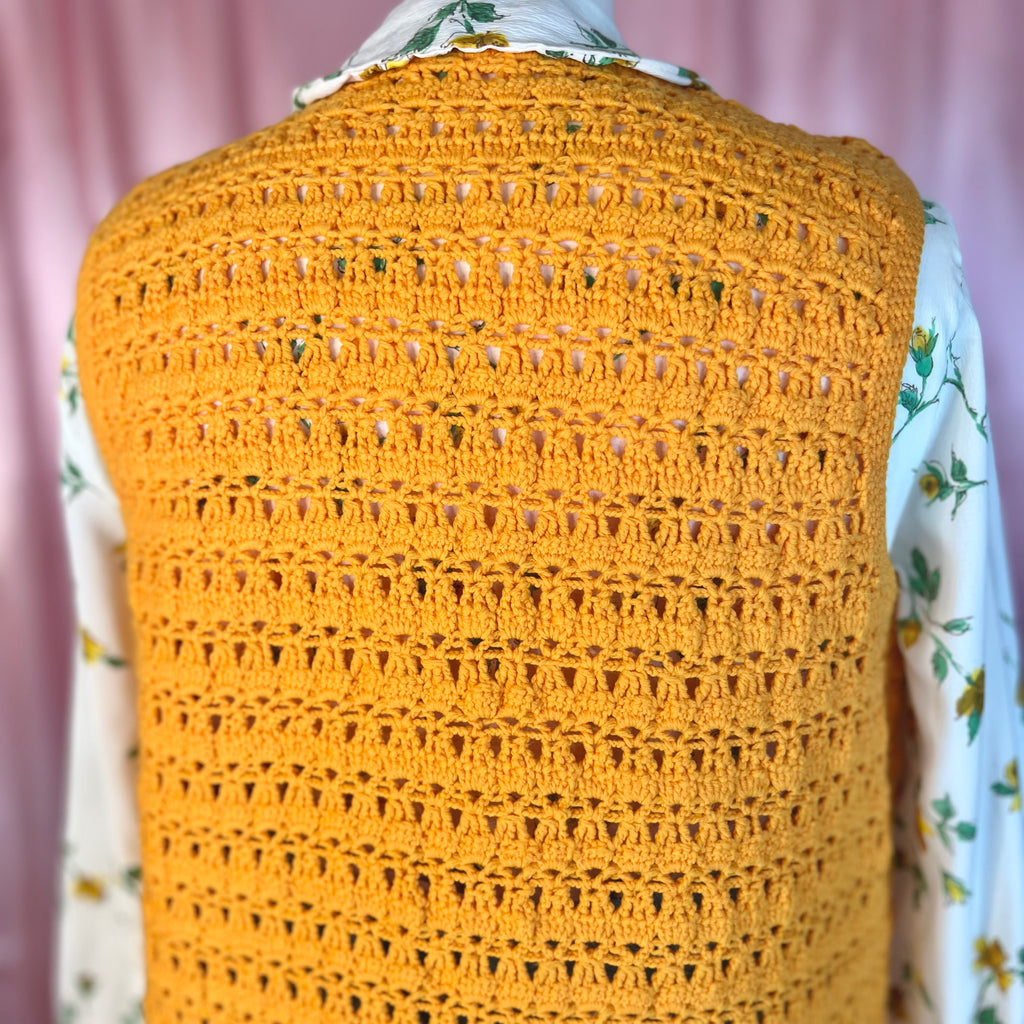 1970s Yellow crochet gilet, handmade, size 10
