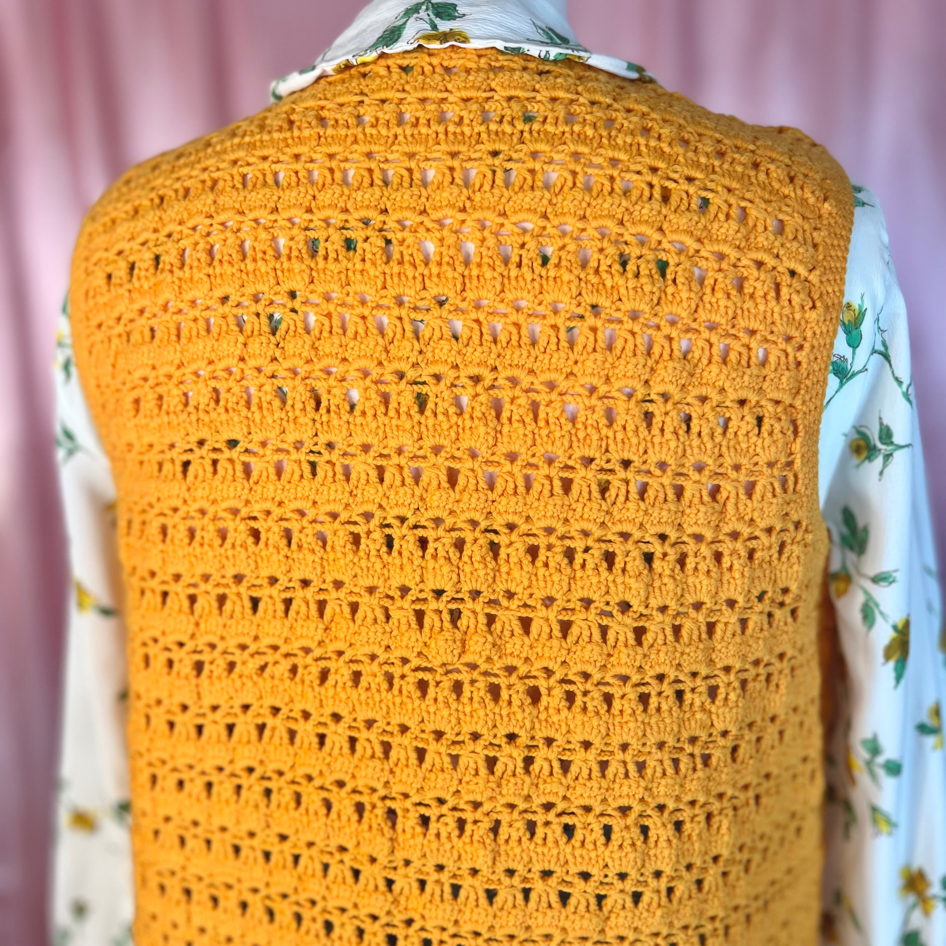 1970s Yellow crochet gilet, handmade, size 10