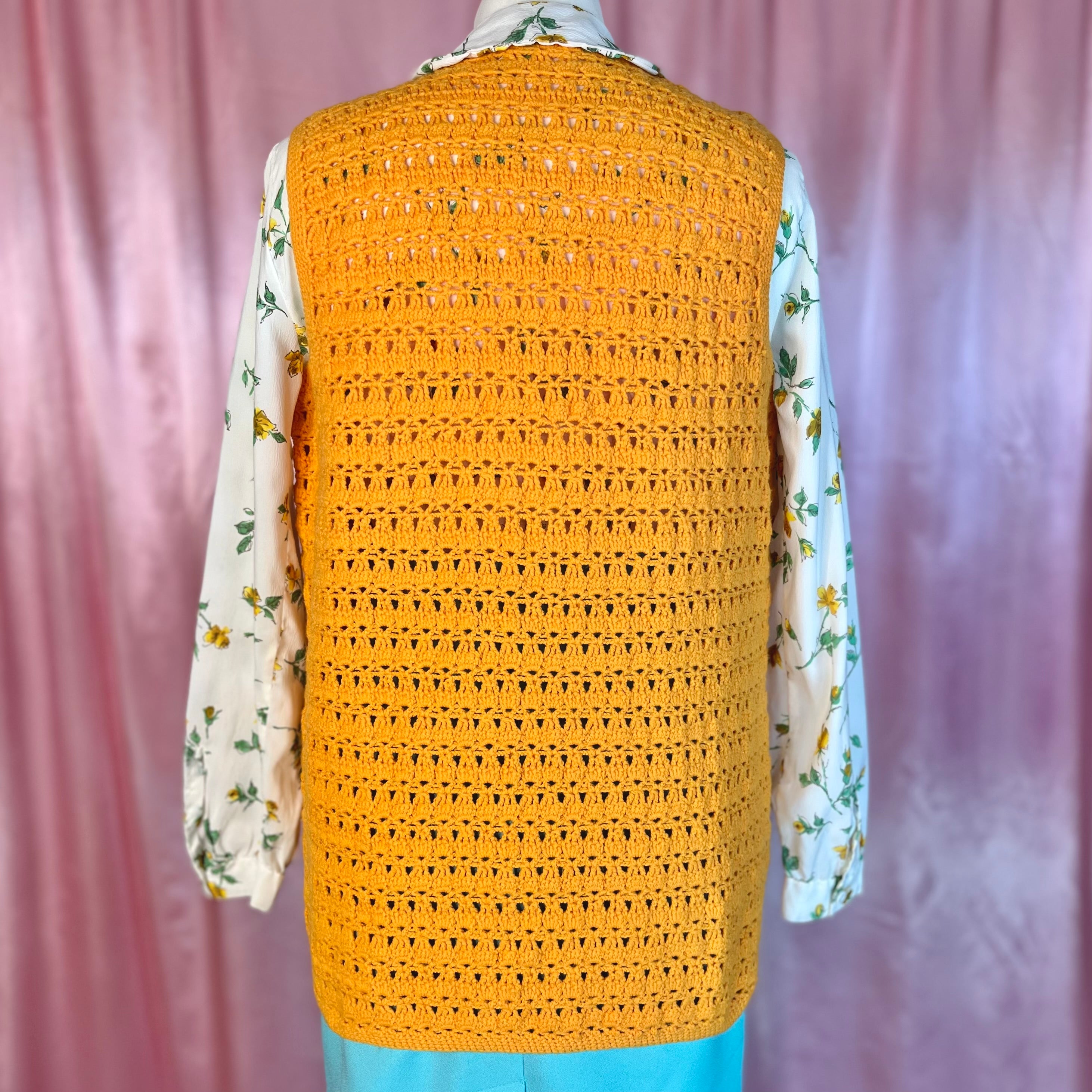 1970s Yellow crochet gilet, handmade, size 10
