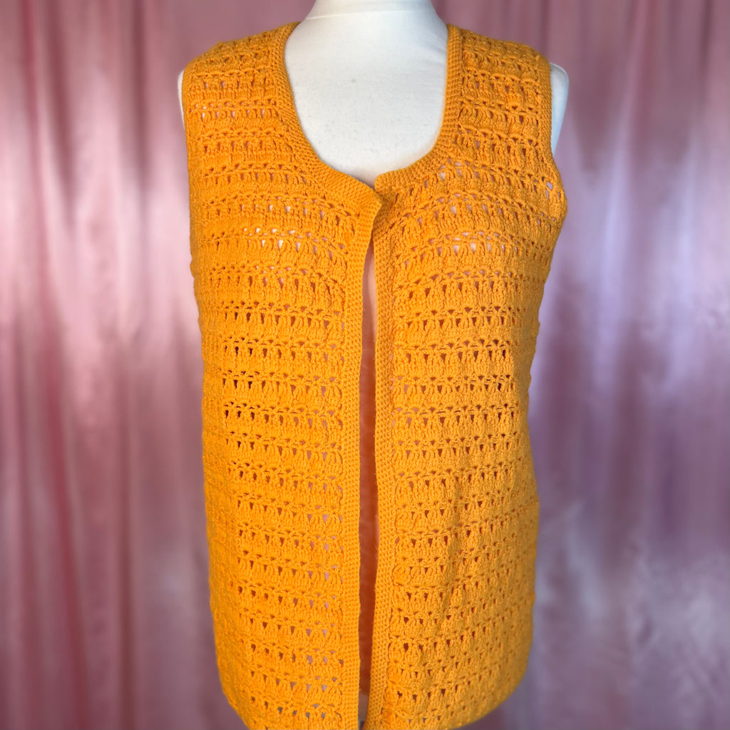 1970s Yellow crochet gilet, handmade, size 10