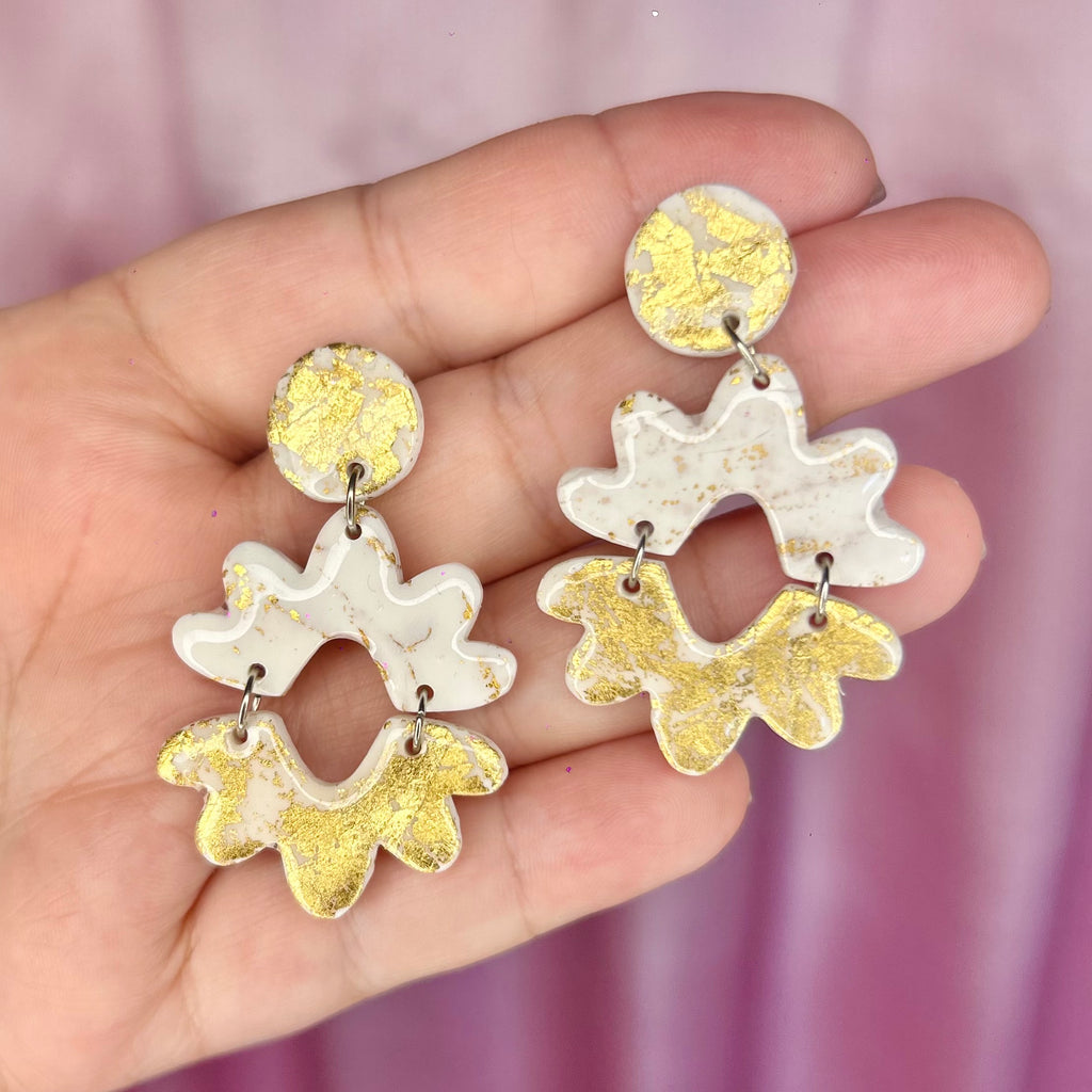 Handmade White & Gold clay earrings