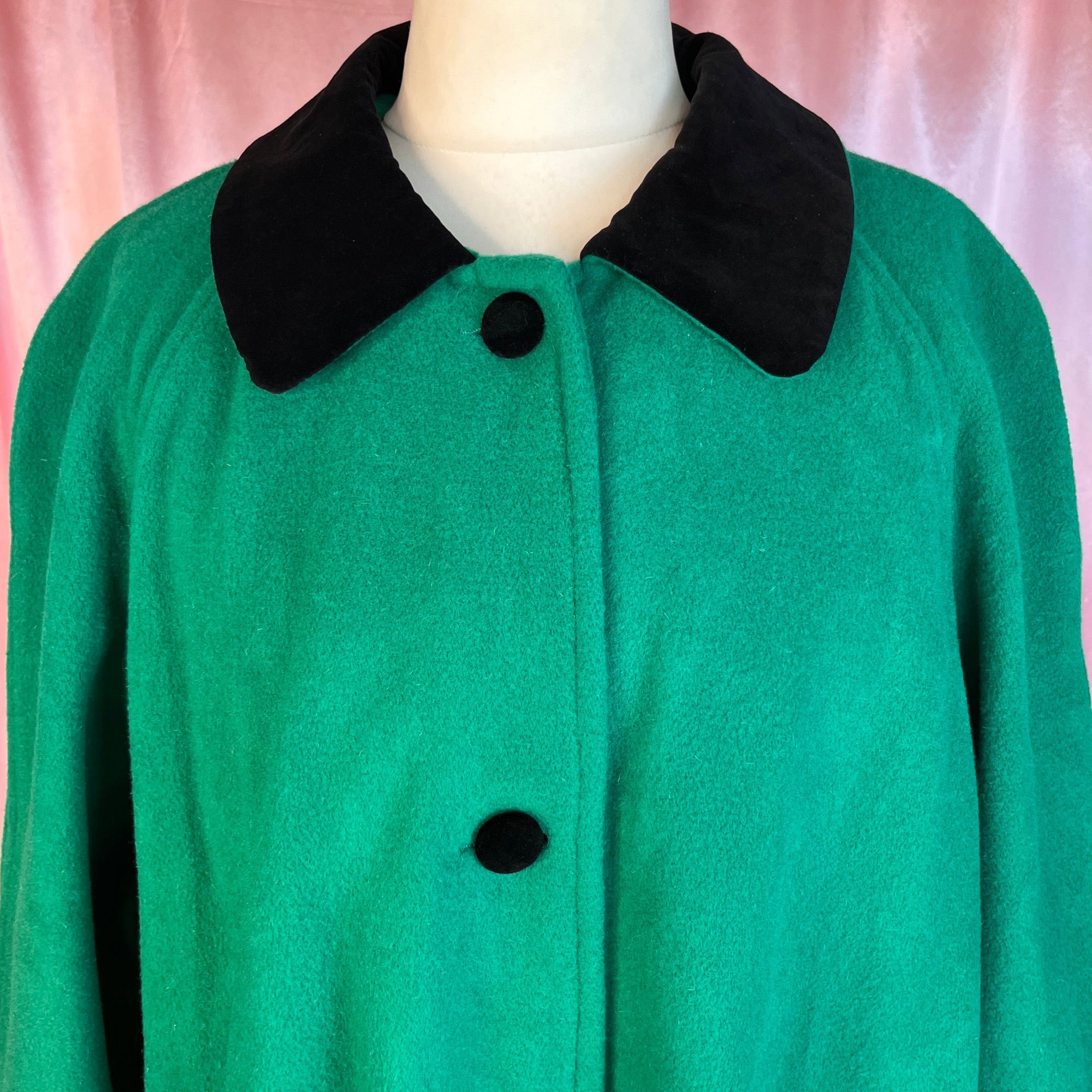 1980s Green wool swing coat, by Essence, size 24