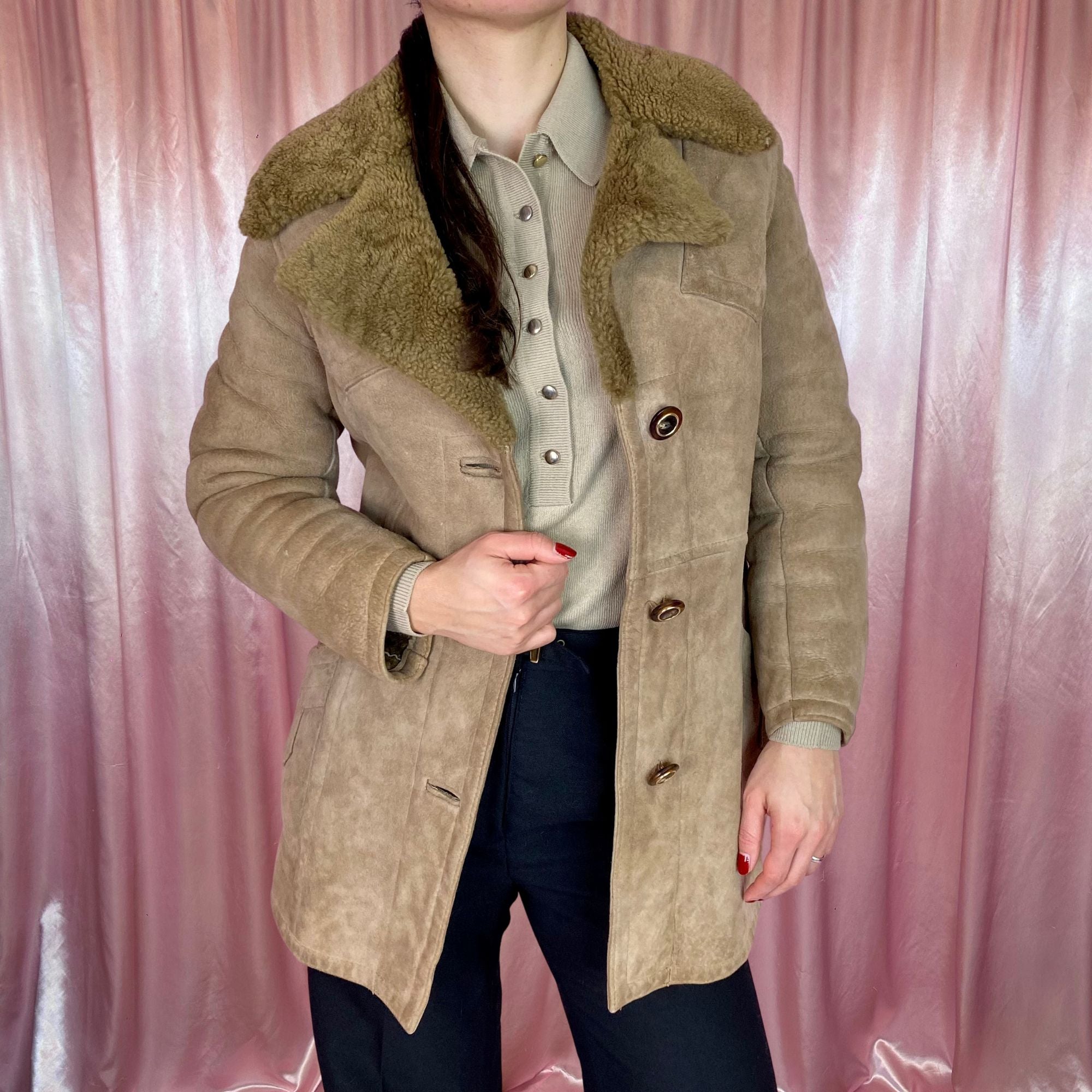 1970s Tan suede shearling coat, unbranded, size 6