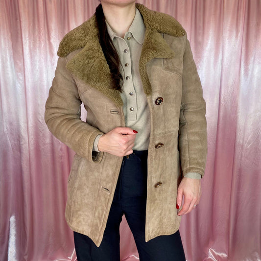 1970s Tan suede shearling coat, unbranded, size 6