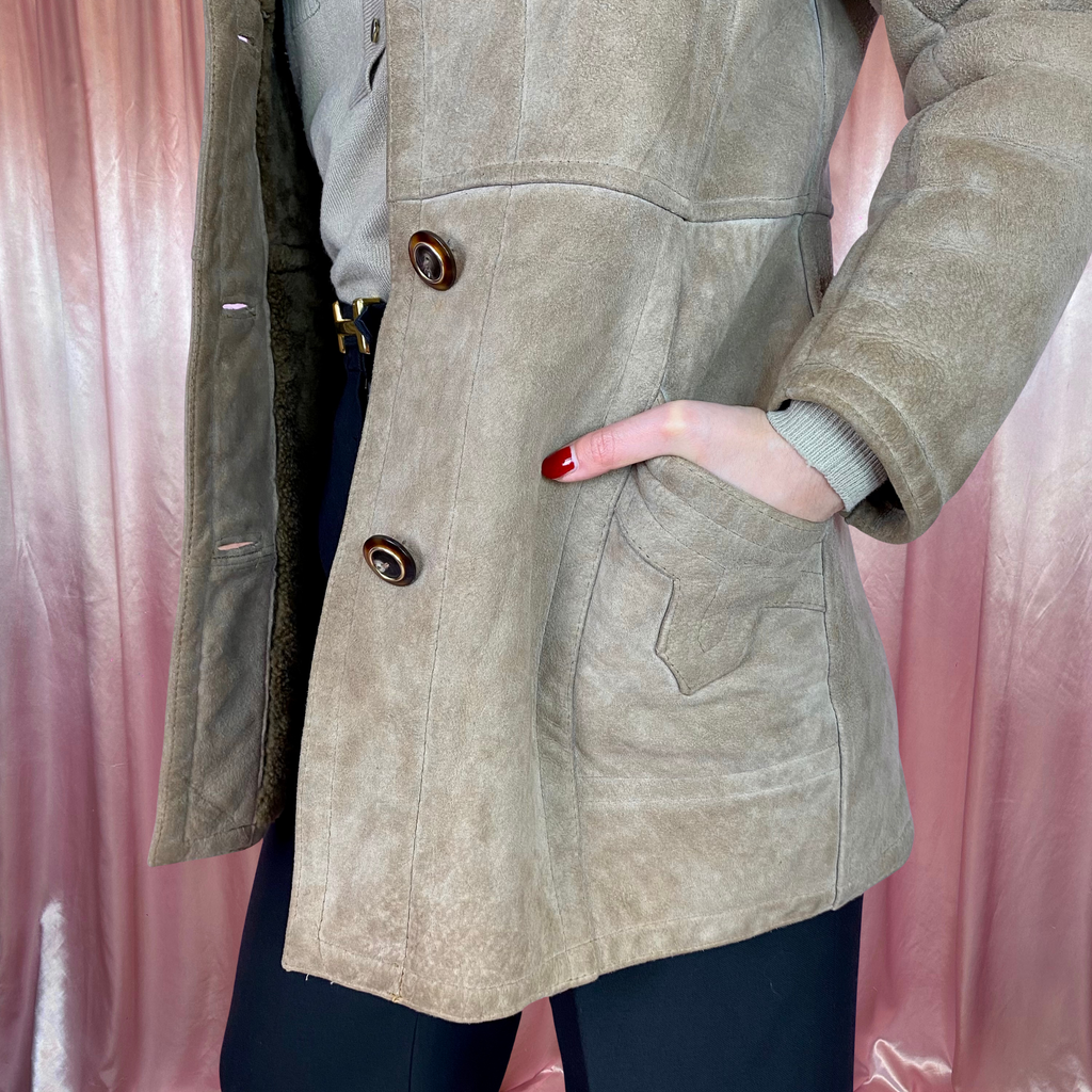 1970s Tan suede shearling coat, unbranded, size 6