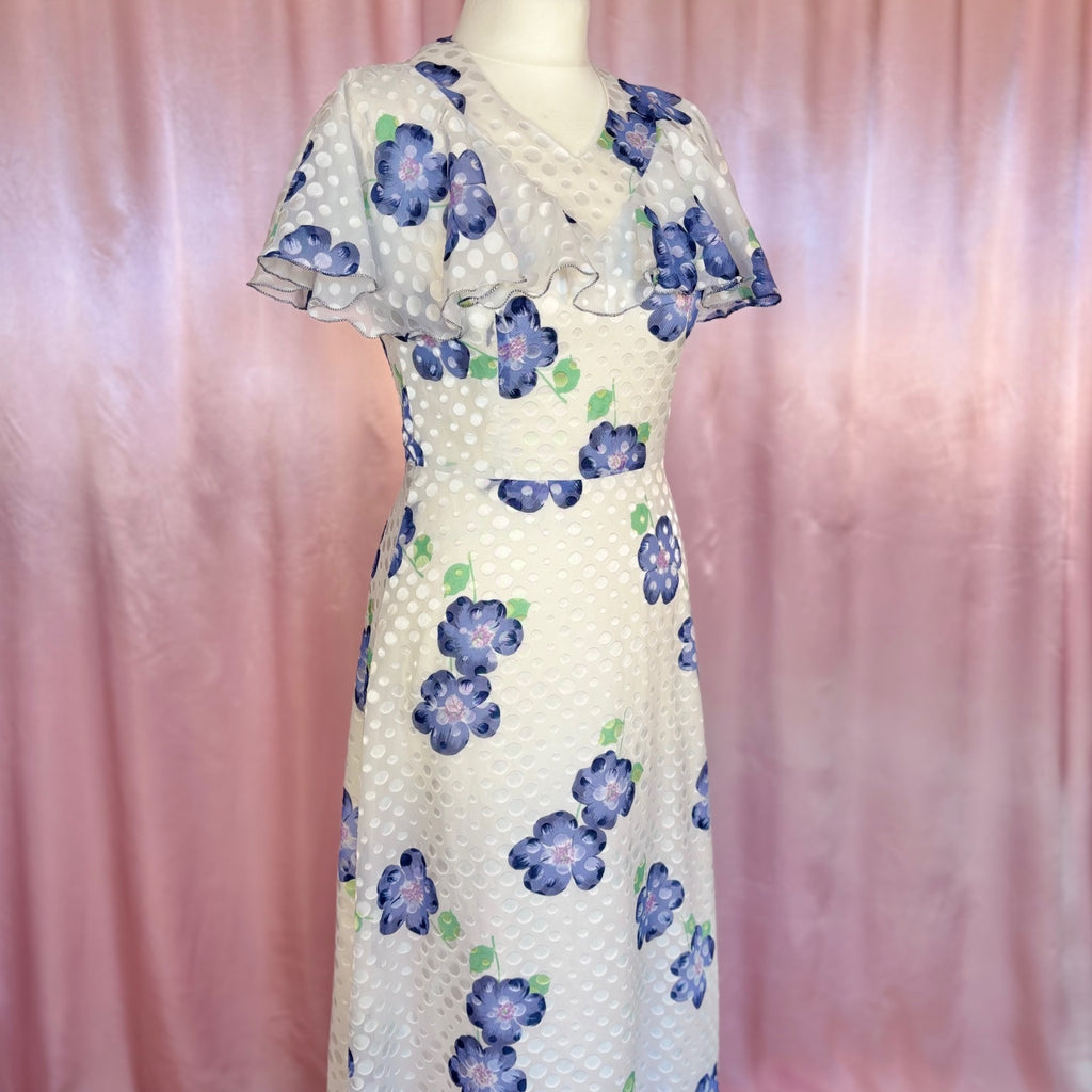 1970s White floral maxi dress, by Robilyse, size 8